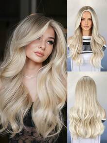 合成长款波浪渐变棕色至金色假发，中分，外观自然，适合日常佩戴和角色扮演 - 金色 - 查看 1