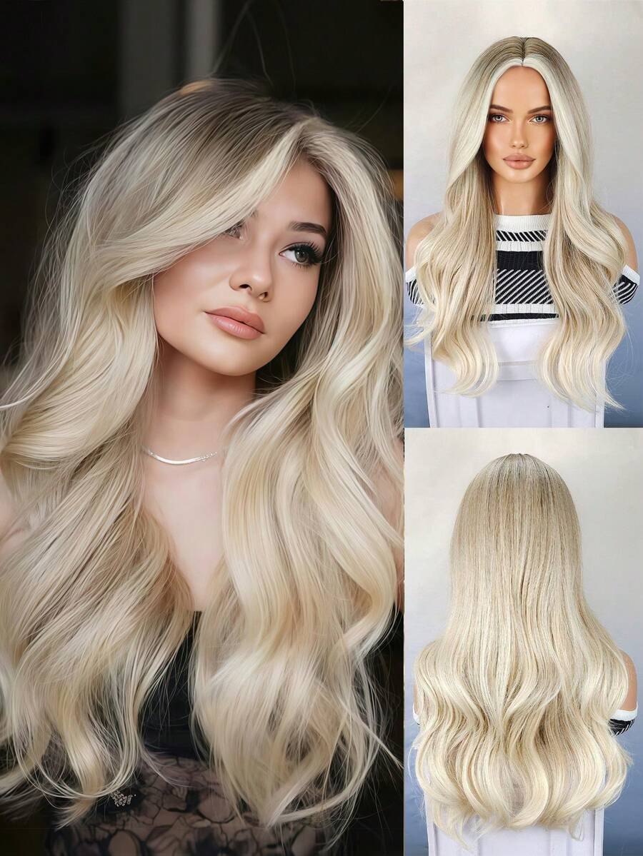 合成长款波浪渐变棕色至金色假发，中分，外观自然，适合日常佩戴和角色扮演 - 金色 - 查看 1