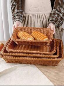 1pc Imitation Rattan Woven Bread Basket, Fruit Basket, Dessert Display Plate, Stackable Tray, Multi-Functional Storage Basket, Hand-Made Storage Basket, Woven Basket, Draining Basket