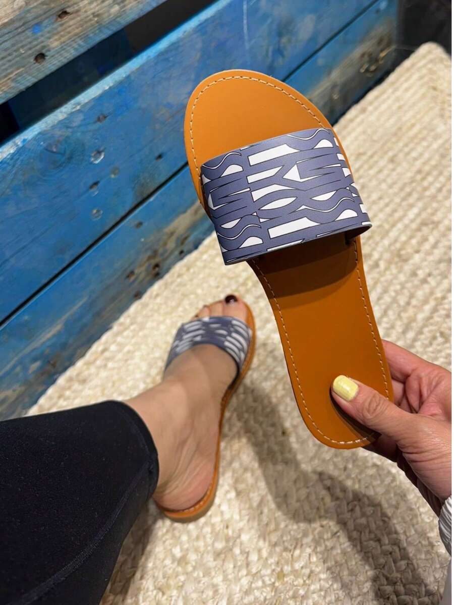 Women's Letter Pattern Casual Flat Slide Sandals - Bleu - View 1
