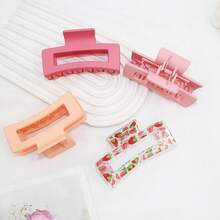 4 件夏季粉色纯色和草莓渐变印花组合方形发夹，中号，可爱甜美，适合茶会和休闲装时尚发饰美容爪夹 - 粉色 - 查看 5