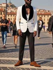 Mens 3 Piece Floral Tuxedo, Jacquard Slim Suit Set, Paisley Blazer Vest And Pants For Prom Wedding - 白色 - 查看 2