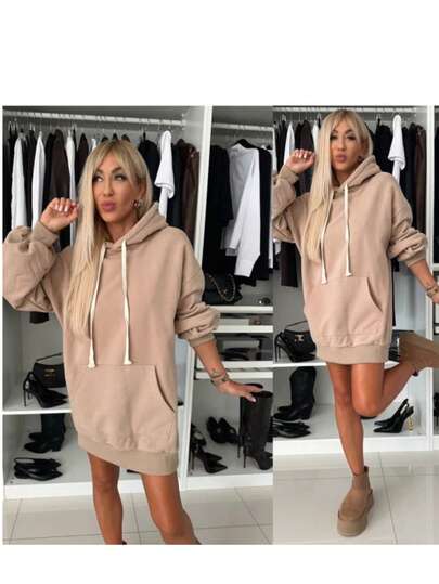 Women's Casual Solid Color Ribbed Drawstring Pocket Hoodie Sweatshirt, Everyday Wear