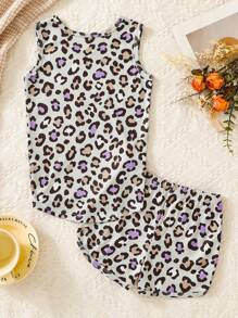 2 Peças Conjunto de Pijama Ajustado para Meninas, Regata e Shorts com Estampa de Leopardo, Roupas de Descanso Fofas, Confortáveis e Macias, Verão