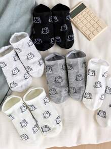 Sanrio Hello Kitty 5 Pairs Of Women's Ankle Socks, Cartoon And Cute Black And White Crew Socks, Suitable For Summer, With Random Colors