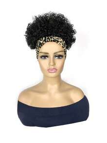 Curly Wigs  Headband Wig Half  Short Black Wig With Headband Attached Scarf Wigs With Stripe Turban Wrap Wig Short Kinky Deep Jerry Curly Hair Synthetic Wigs - 黑色 - 查看 4