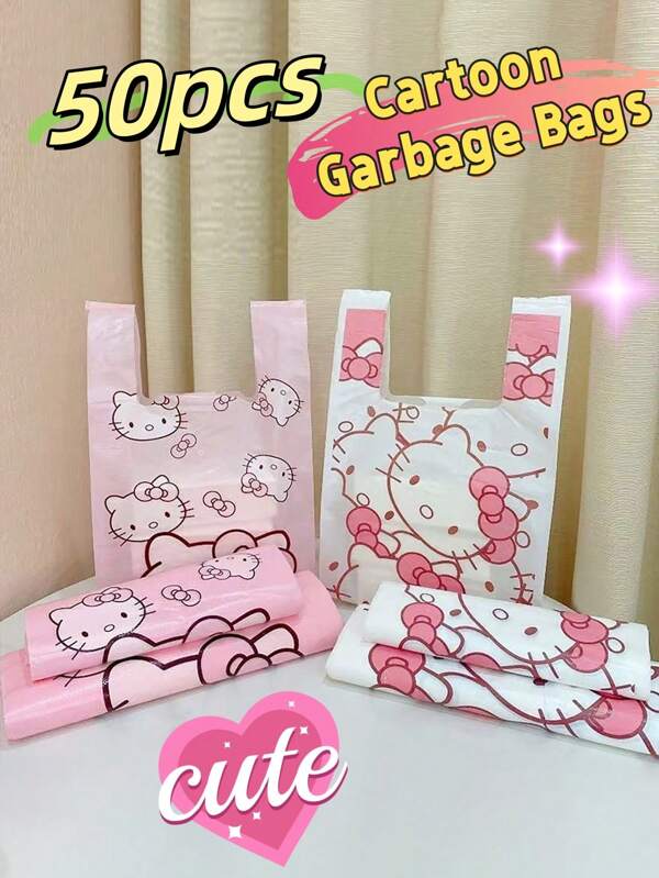 50pcs Cute Cat Disposable Garbage Bags With Hello Kitty Pattern, Cartoon Garbage Bags, Multi-Functional Storage Bags, Exquisite And Fashionable Shopping Bags, Suitable For Living Rooms, Bedrooms, Bathrooms, Kitchens, Malls, Travel, Vegetable Markets, Outdoor Composting, And Garden Garbage Bins. The Perfect Gift For Family And Friends