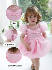 Baby Girls' Pink Tulle Bow Puff Sleeve Elegant Princess Dress, Suitable For 1st Birthday Gift, Party, Flower Girl, Wedding, School Performance, Holiday Celebration, Prom - Pink - View 2