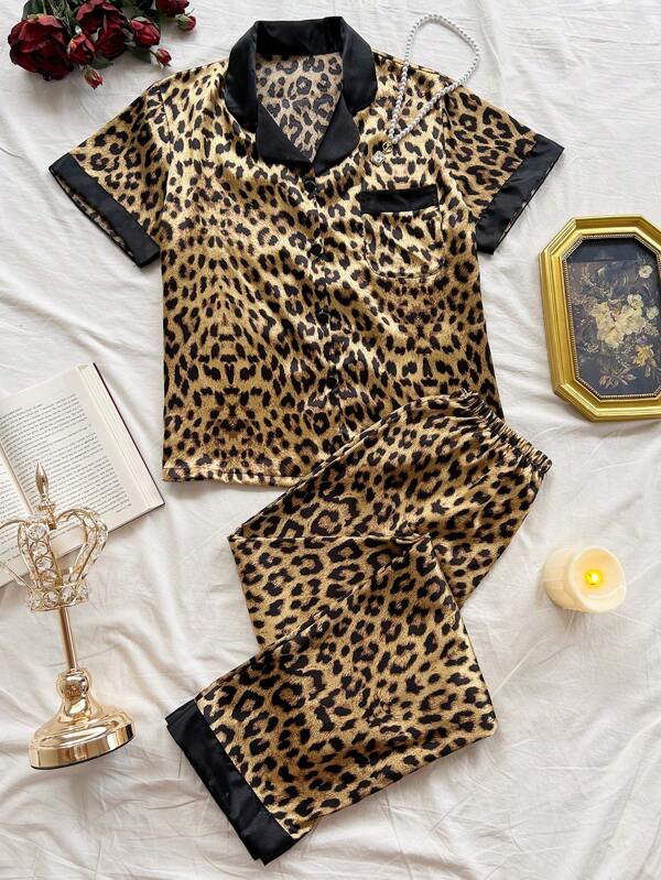 2pcs Elegant Women Sleepwear Set, Leopard Print Short Sleeve Top And Long Pants, Suitable For Home Wear, All Season
