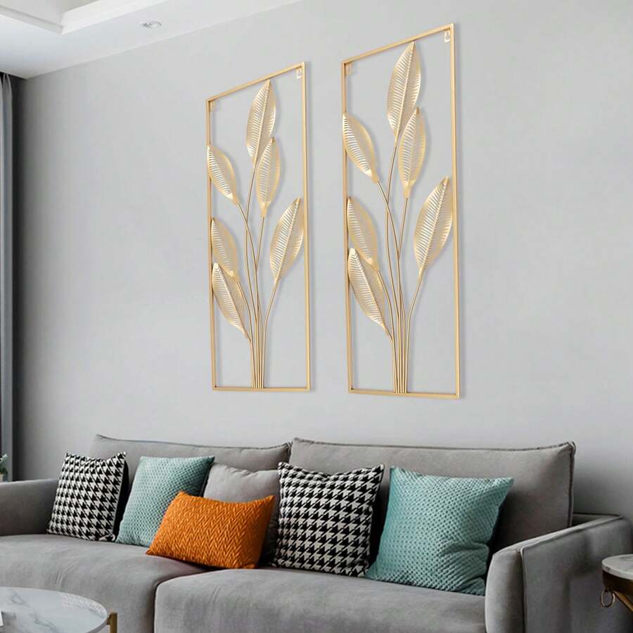 Golden Leaf Wall Hanging Decor, Metal Wall Art Decor, 2Pcs Modern Wall Hanging Decorative Wall Jewelry For Living Room Offices, Home Decoration Christmas Decorations Home Christmas Gifts Christmas Decor