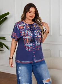 Plus Size Women Navy Blue Woven Graphic Print Batwing Sleeve V-Neck Drawstring Tassel Loose Pullover Top