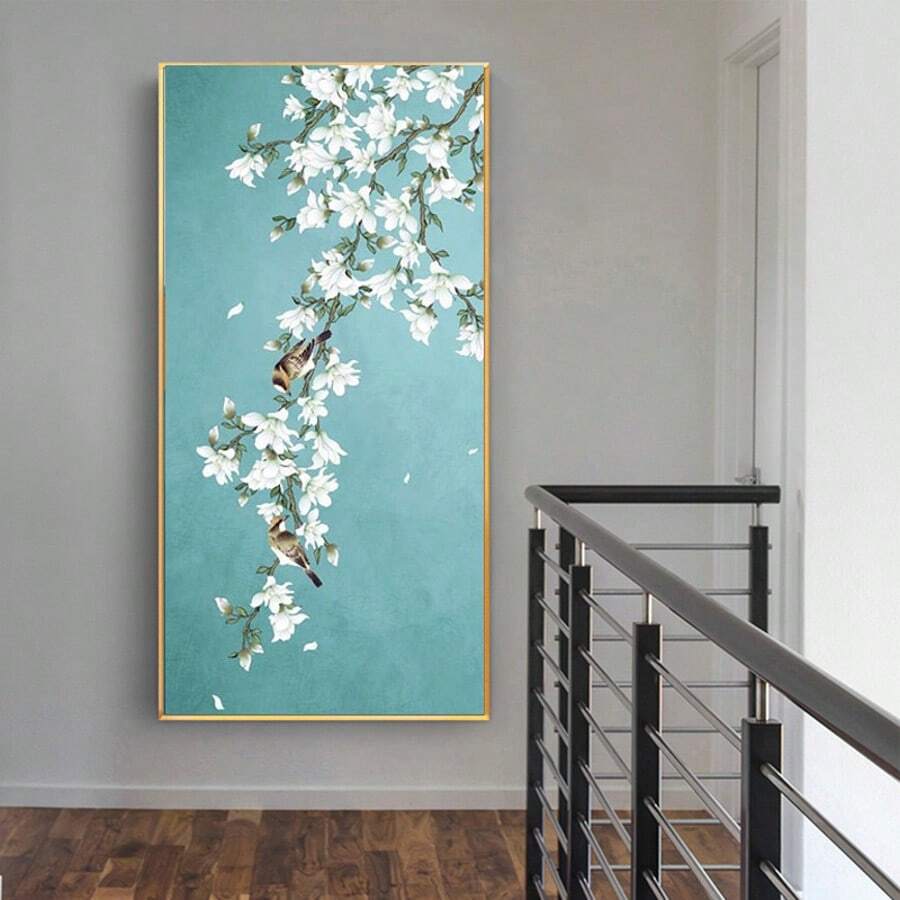 1 peça de arte em tela elegante sem moldura, flor de ameixa azul e pássaro - decoração de parede abstrata moderna sem moldura, adequada para sala de estar, quarto, corredor, decoração de quarto, pôster de arte de parede em estilo moderno