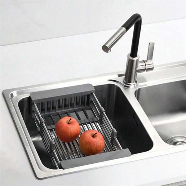Stainless Steel Expandable Over-The-Sink Dish Rack, Multifunctional Drainer Basket For Kitchen, Collapsible Vegetable And Fruit Washing Organizer