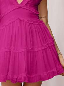 Women's Elegant Backless Midi Dress - V-Neck Slip Dress With Flutter Hem & Adjustable Straps, Sexy Summer Dress For Resorts & Date Nights - 玫紅色 - 查看 5