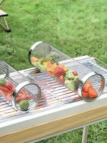 2 Pieces BBQ Grill Set, Stainless Steel BBQ Grill Set, Portable Outdoor BBQ Basket, Portable Round Stainless Steel Campfire Grill, Multi-Purpose Camping Grill Accessory, Outdoor BBQ Basket