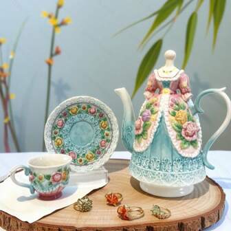 1 pieza Tetera de cerámica con rosa roja y macarrón en color rosa, 1 set de taza y plato para café/té, decoración del hogar estadounidense, ornamento de mesa, regalo (Capacidad de la tetera: 1200ml, Capacidad del set de taza y plato: 90ml) Vuelta a clases
