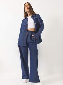 BIANCO LUCCI Conjunto de 2 piezas de ropa casual para mujer: Chaqueta de bolsillo de manga larga y abotonadura sencilla, y pantalones - Azul Marino - Ver 7