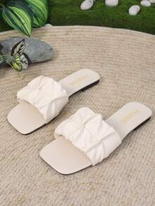 Women's New Elegant Graceful Pleated Slip-On Sandals, Cute Lightweight Flat Slide Sandals For Beach, Vacation & Casual Wear, Fashion Open Toe Summer Slippers - White - View 4