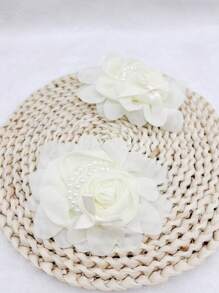 2pcs Handmade Pearl Flower & Rose Bud Chiffon Shoe Clips, DIY Hair Accessories & Brooch Decor
