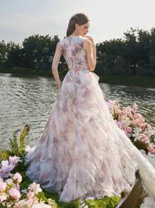 Faeriesty Luxe Elegant Sleeveless Tulle Evening Gown With Lace Trim & Multi-Layer Ruffled Hem - Pastel Floral Print Dress For Wedding, Bridal Shower, Evening Gala