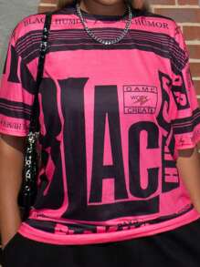 PeachySprinkles Women Pink Letter Print Graphic Tee - Round Neck Short Sleeve Stretch Fitted T-Shirt - Casual Fashion Summer Daily Wear