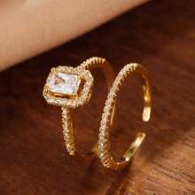 2pcs Micro-Paved White Zirconia Gold-Color Rings, Fashionable Luxury Rings, Daily Wear Or Gift For Girlfriend