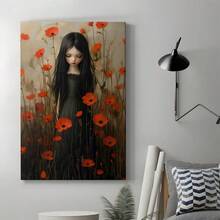 1pc Framed Canvas Poster, Black-Haired Girl, Red Poppy, Surrealism Style Wall Art Canvas Paintings, Ideal Gift For Bedroom Living Room Corridor, Wall Art, Wall Decor, Winter Decor, Room Decoration, 2D Flat Print, Not 3D - Multicolor - View 5