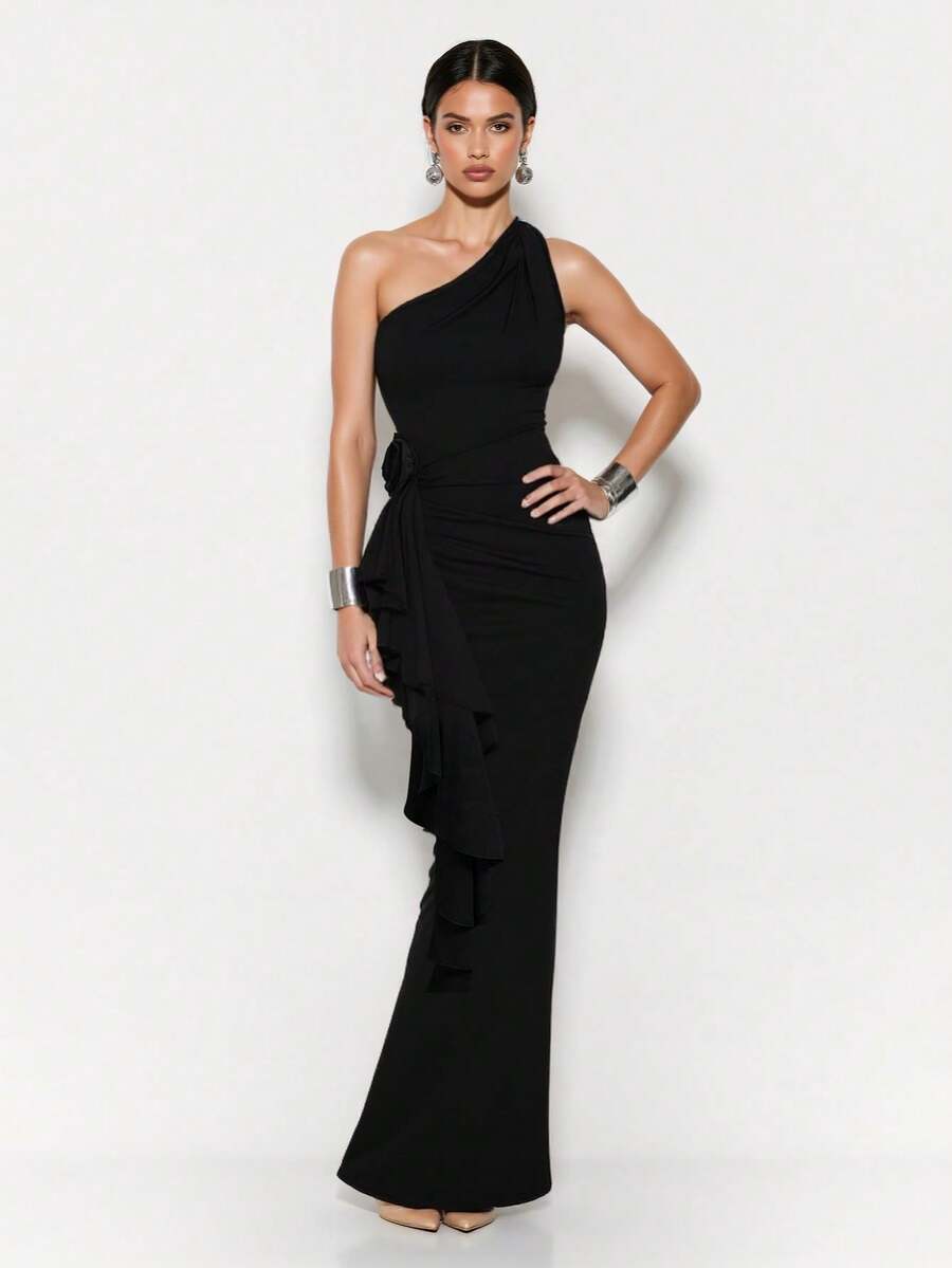 Silquee 1 chiếc váy dài bó sát có thể gập lại cổ yếm họa tiết hoa dành cho nữ, váy mùa hè dành cho nữ - màu đen - Xem 1