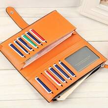 Women PU Leather Wallet Bifold Clutch Large Capacity Card Organizer Buckle Long Purse For Girls Candy Color - 玫瑰紅 - 查看 3