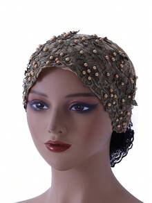 1 pieza Gorro casual con bordado de flor de ciruelo y decoración de cuentas, gorro para dormir - Sombrero con cuentas de flor de ciruelo - Ver 3