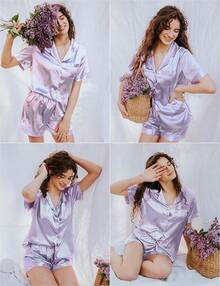 Womens Silk Satin Short Sleeve Loungewear Two-Piece Sleepwear Button-Down Pj Set - Lavender-no Piping-214 - View 6