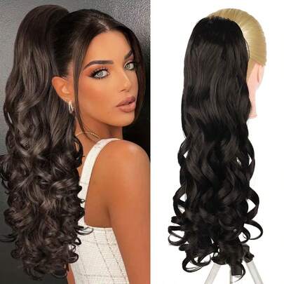 Extensão de rabo de cavalo ondulado profundo e elegante para mulheres, rabo de cavalo de com cordão, extensões de cabelo sintético longo cacheado e ondulado para todas as ocasiões, aparência natural de em fibra de seda de alta temperatura