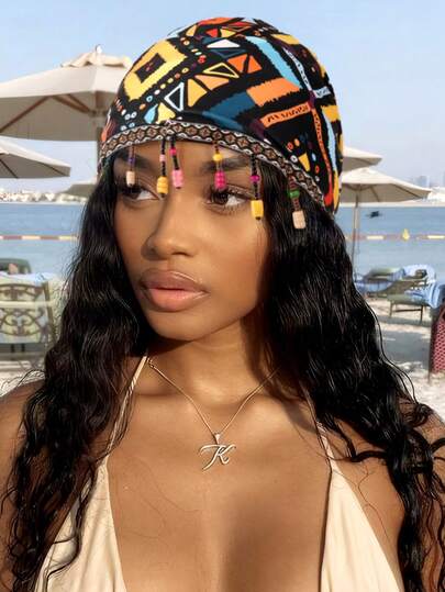 1 件彩色串珠头带帽，可调节弹性扭纹顶结印花头巾帽