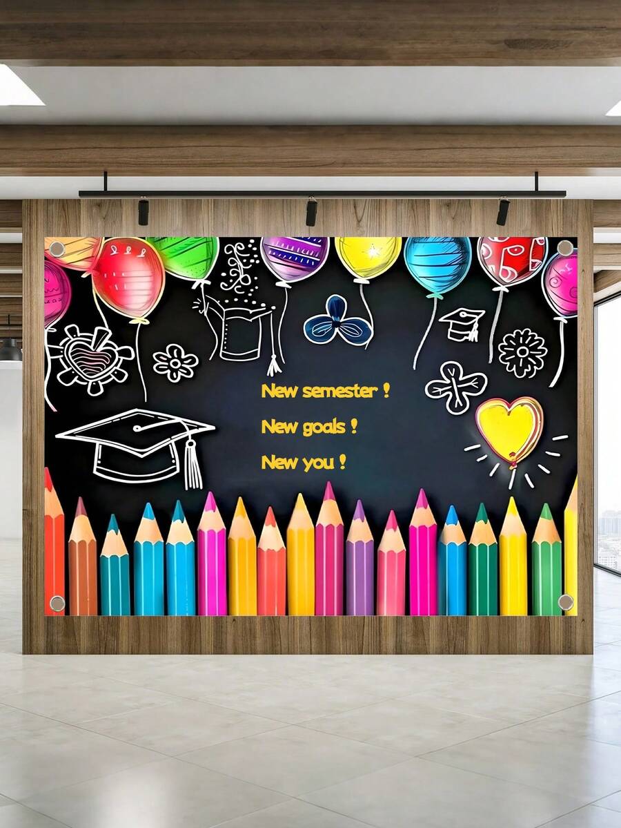 1pc Custom Text & Colorful Pencil Background, Suitable For Back To School, Graduation Party, School Event Decor, Back To School Party Decoration Banner, Durable Vinyl Material, No Electricity Required For Hanging, Available In 3 Sizes