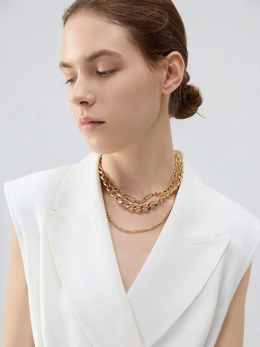 3pcs/Set Multi-Layer Gold-Tone Aluminum Chain Necklace For Women Winter Gifts - Yellow Gold - View 1