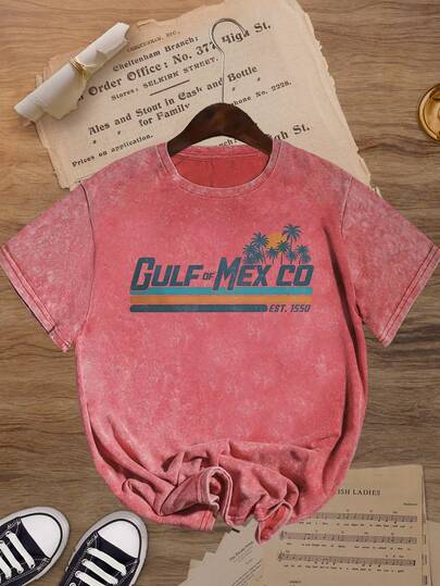 Women's Casual Simple Coconut Tree Pattern Print T-Shirt, Versatile, Suitable For Outdoor Activities For Daily Wear, Women's Summer, Women's Going Out Top, Graphic Round Neck Short Sleeve Vintage Snowflake Wash T-Shirt