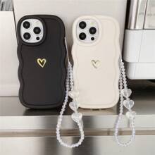 1pc Y2K Dopamine Macaroon Big Wave Cute Golden Heart + 3pcs Heart Strap Phone Case Compatible With Apple 16/Redmi Note 11 4G/Galaxy A55/Infinix Note 30/ Moto E30/Camon 20/Camon 20 Pro 4G/Spark 8C/ Spark Go 2022/Smart 7, Smart 8 Waterproof Shockproof Anti-Fall Scratch Resistant