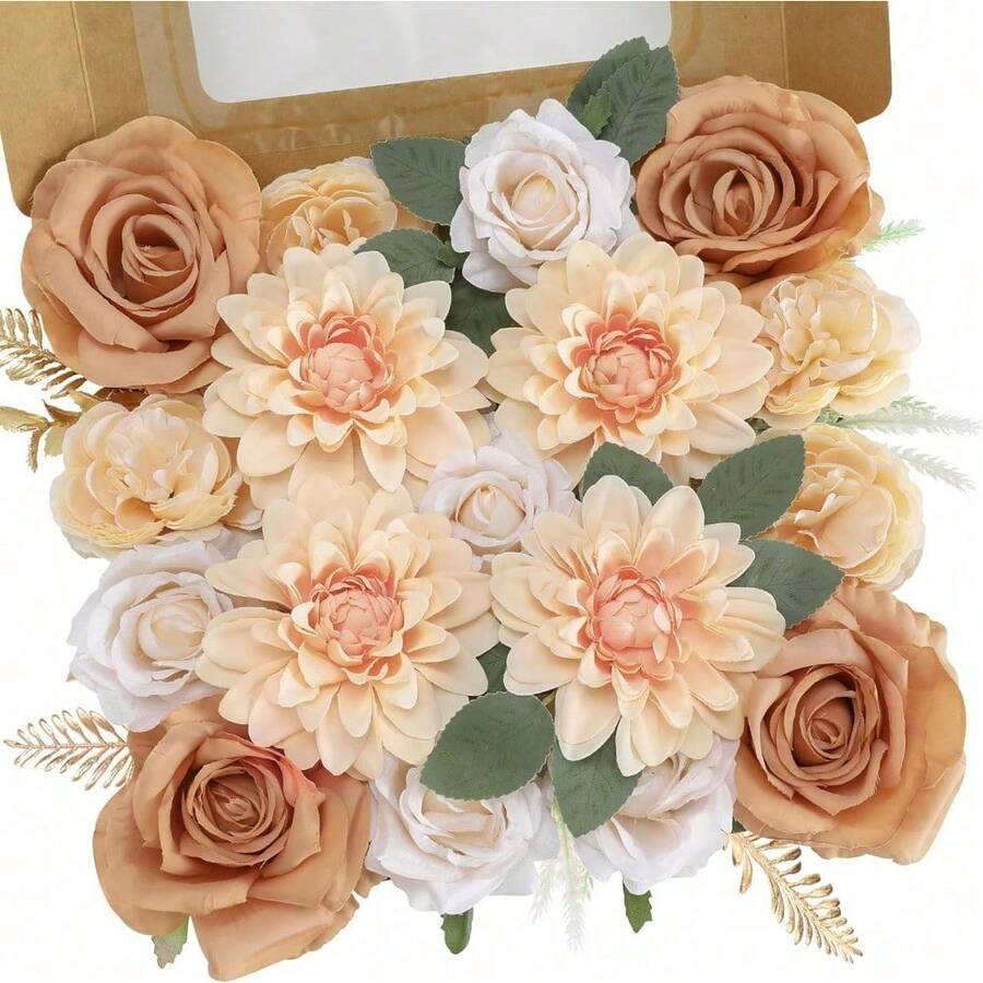 Artificial Flowers Combo, Champagne Silk Roses, Peonies, Dahlias With Stems For DIY Wedding Bouquets, Baby Shower, Table Centerpieces, Home Decor, Fake Floral Arrangements, Party Decorations - Nude Color - 查看 1