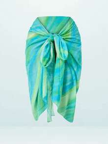 MADE IN TURKEY Patterned Knot Side Beach Cover Up – 75x140 Cm – Lightweight Printed Swim Sarong Wrap - Green - View 2