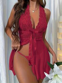 Bathrobe, Sexy Lingerie Lace Halter Dress - Burgundy - View 4