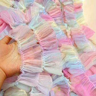 1 Yard Rainbow Double-Layered Frilly Puffy Sheer Ombre Mesh Lace Trim, Suitable For DIY Clothing, Party Dresses, Headbands, And Hair Accessories