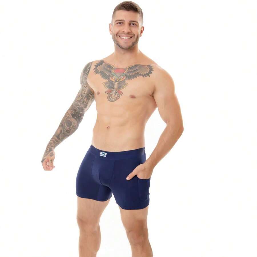 Men's Boxer Briefs With Side Pockets. Does Not Roll Up On The Legs And Is Highly Durable. - Azul Marino - Ver 1