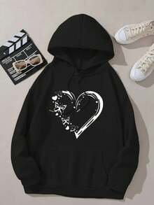 Butterfly Heart Sweatshirt, Cute Casual Blogger Model, 100% Cotton, Comfort Flannel - Black - View 1