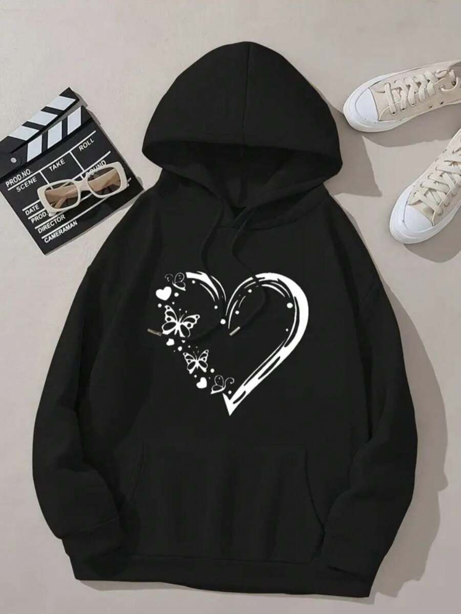 Butterfly Heart Sweatshirt, Cute Casual Blogger Model, 100% Cotton, Comfort Flannel - Black - View 1