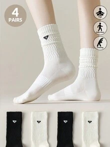 4 Pairs Of Black And White Women's Socks, Support The Arch To Protect The Ankle, Triangle Embroidery Women's Crew Socks For Running Yoga For Casual Sports And Out Wear