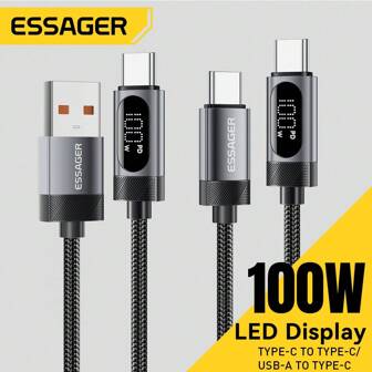 ESSAGER USB 转 Type C 转 Type C 快速充电线 100W 适用于手机 480Mbps 功率显示兼容 16、16 Pro Max、15、15 Plus、15 Pro、15 Pro Max，兼容 Redmi，兼容 OnePlus 充电器