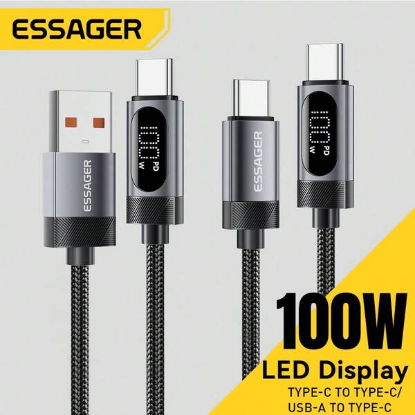 ESSAGER USB ToType C To Type C Fast Charging Cable 100W Cord For Phone 480Mbps Power Display Compatible With IPhone 16, 16 Pro Max, 15, 15 Plus, 15 Pro, 15 Pro Max,Compatible With Redmi, Compatible With OnePlus Charger
