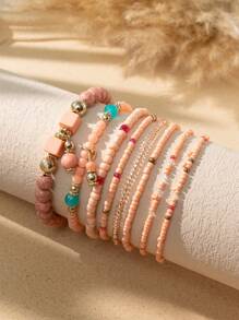 8pcs Bohemian Style Multi-Layer Beaded Bracelet Set, Colorful Beaded Stacking Bracelets For Daily Or Vacation Wear, Spring/Summer