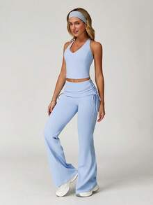 MASKERT 女士瑜伽服套装（两件套）包含背心和喇叭裤，运动服高弹力跑步健身套装，休闲舒适亲肤夏季款 - 霧霾藍 - 查看 3