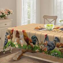 1pc Farmhouse Rooster & Floral Polyester Tablecloth - Round/Rectangle, Embossed Floral Trim, Vibrant Spring/Summer Design, Suitable For Picnics, Dinner Parties, Kitchen & Dining Room Decor, Country Farmhouse Decor, Multiple Sizes Available